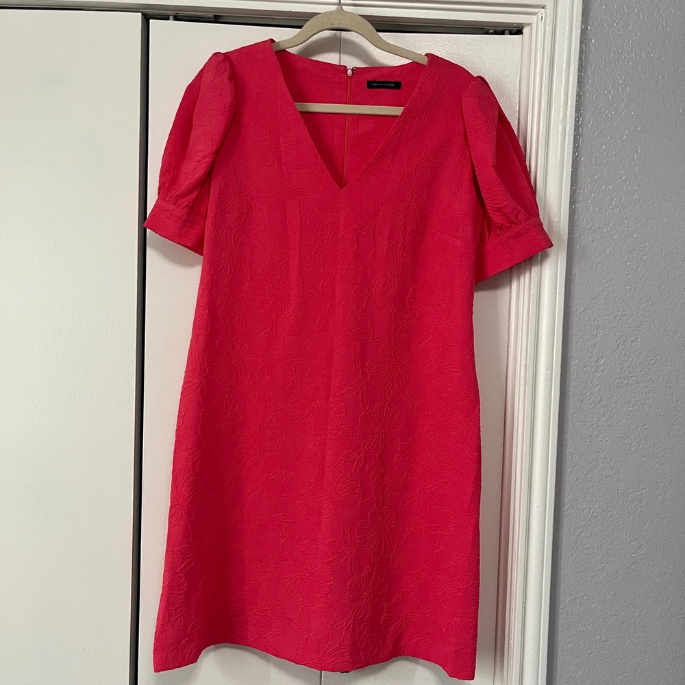 Tommy Hilfiger Womens Pink Floral Jacquard V-Neck Puff Sleeve Shift Dress